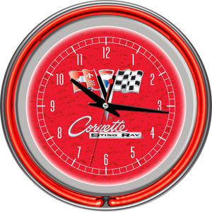 Red Chrome Double Ring Neon Clock Black/White Metal Plastic