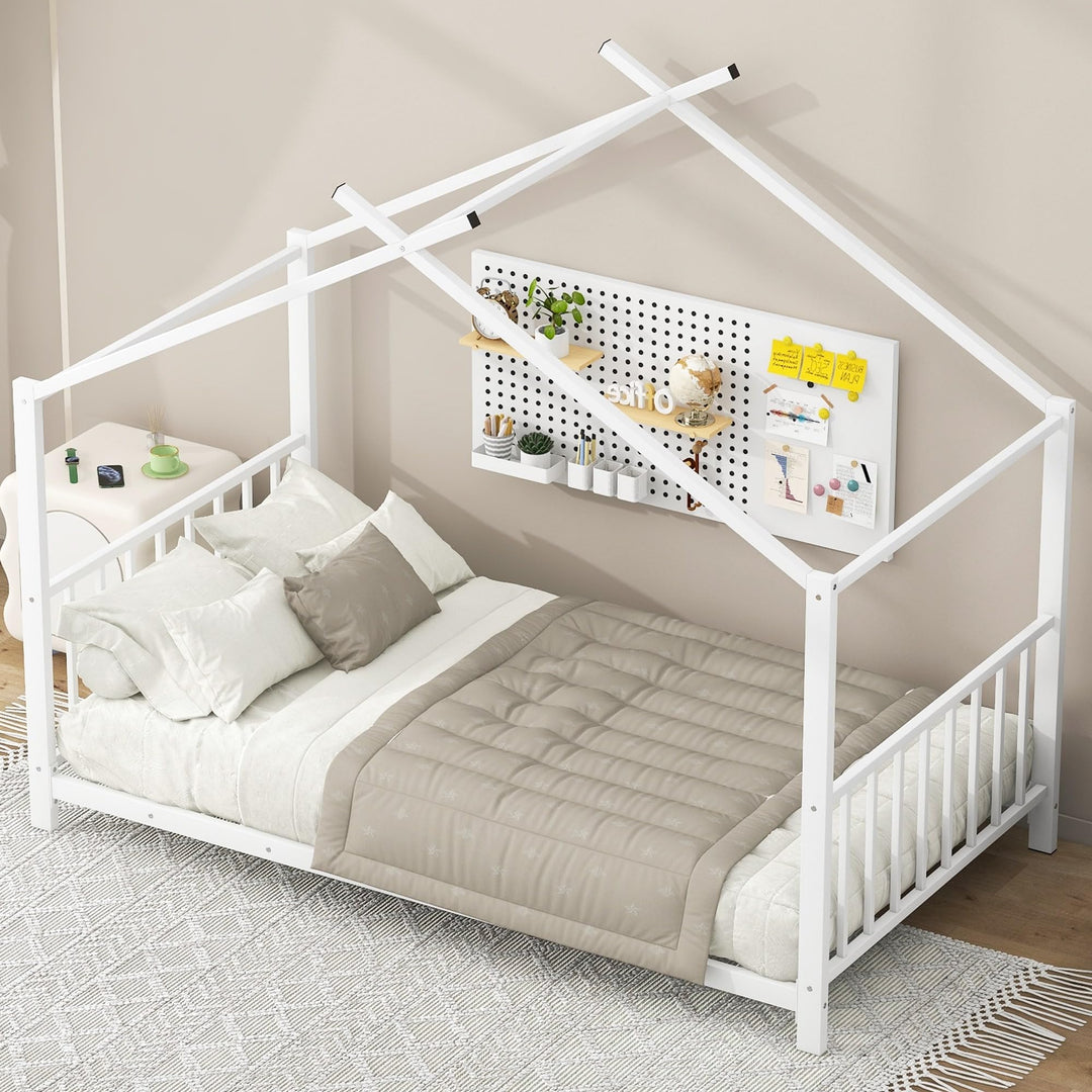 Twin Size Bed Kids Metal House Platform White Modern Contemporary Traditional