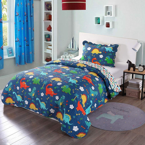 Blue Red Kids Dinosaur Quilt Set Twin, Rainbow Bedding Dino Footprint t rex Apatosaurus Jurassic Cute Cuddly Jungle Safari African Themed Exotic Animal Multi 2 Piece, Cotton