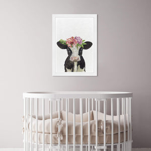 Olivia's Easel 'Floral Cow'kids Wall Art Framed Print Farm White Pink Modern Contemporary Rustic Rectangle