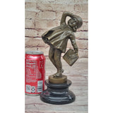 Girl Child Going to School W/Book Bag Bronze Sculpture On Marble