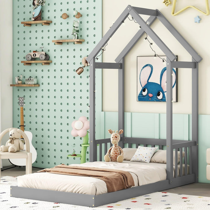 win Size Bed Kids House Frame Floor Wooden Grey Modern Contemporary