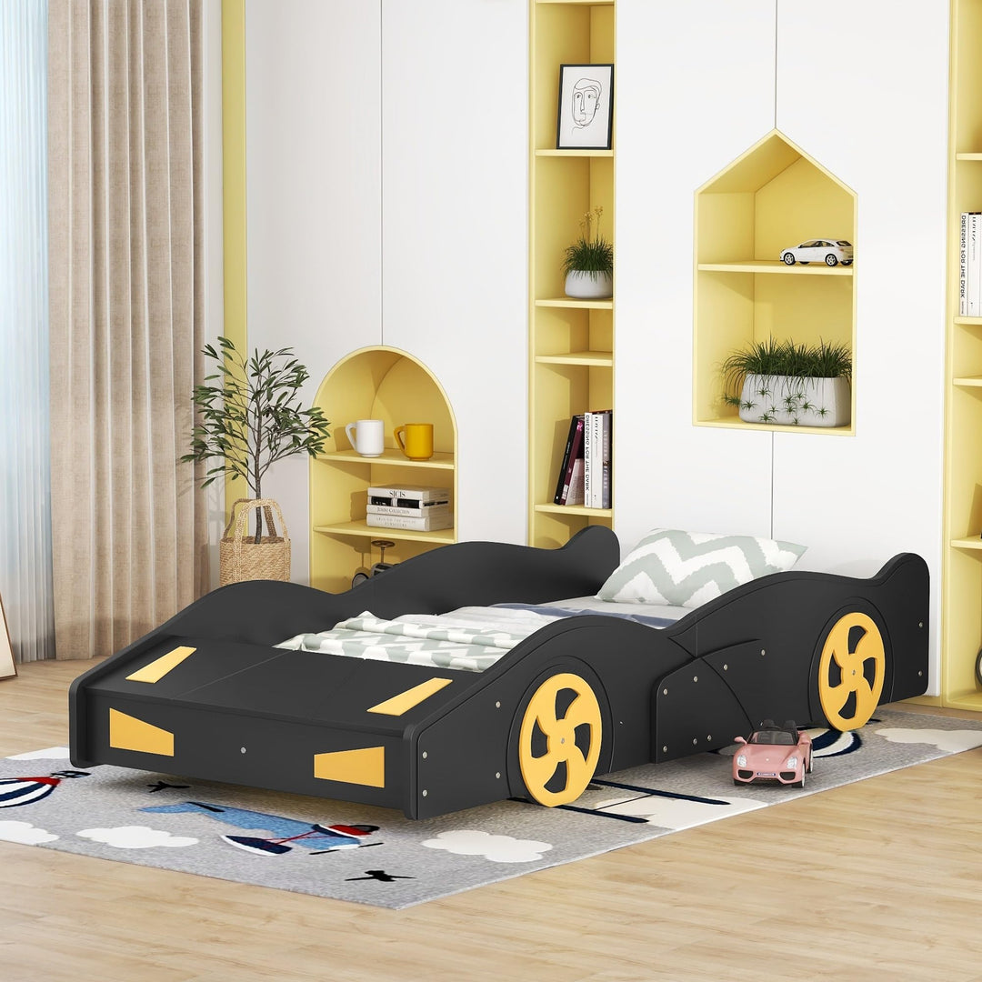 Twin Size Race Car-Shaped Platform Bed with Wheels and Storage Creative for Kids Teens Space-Saving Easy Assembly Black Mission Craftsman Modern Contemporary Unisex Nature Sports