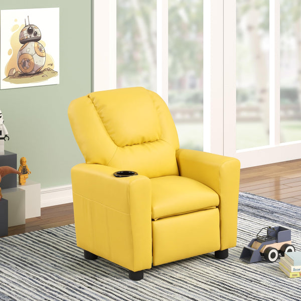 Pu Leather Kids Recliner with Cup Holder and Headrest Yellow Modern Contemporary Cushioned Seat