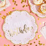 Pink Happy Birthday Party Plates With Gold Glitter Edges (9 In 48