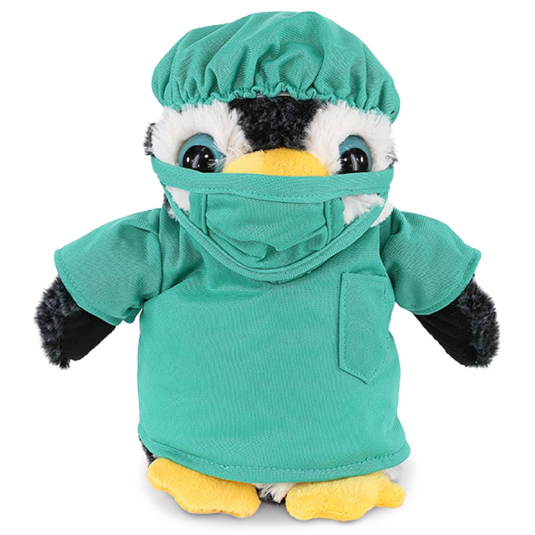 Penguin Doctor Plush with Cute Scrub Uniform and Cap Outfit 8 Inches Black White Yellow Polyester