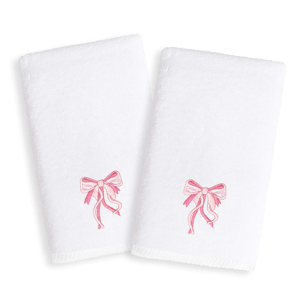 Authentic Hotel and Spa Sweet Kids Pink Bow Embroidered White Turkish Cotton Hand Towels (Set of 2)