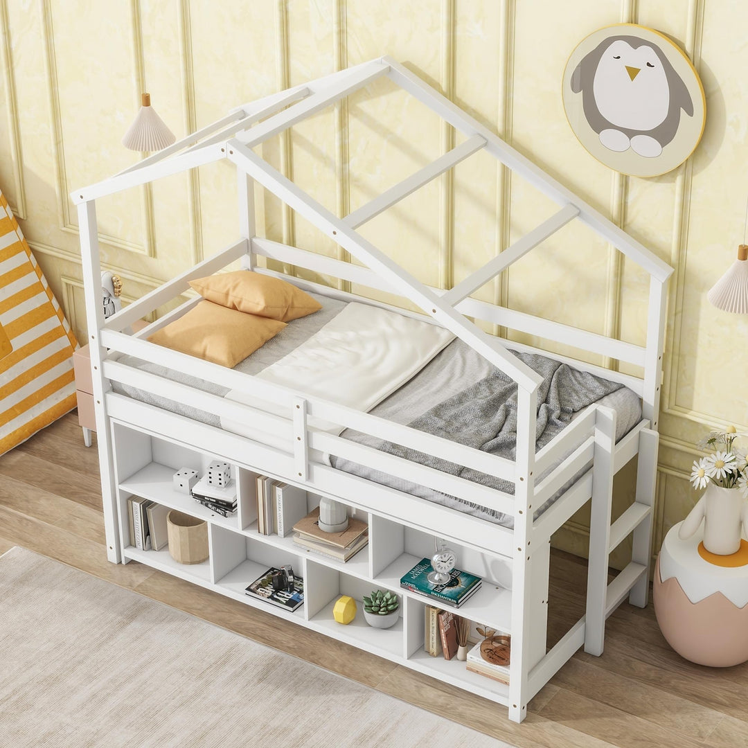 Twin Size Pine Wood House-Shaped Loft Bed with Roof Frame Kids Storage