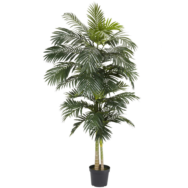 Nearly Natural 8FT Artificial Golden Cane Palm Tree, Fake Palm Tree with Two Realistic Trunks and Lifelike Palm Leaves, Faux Palm Plant for Indoor Home Décor with Black Nursery Planter