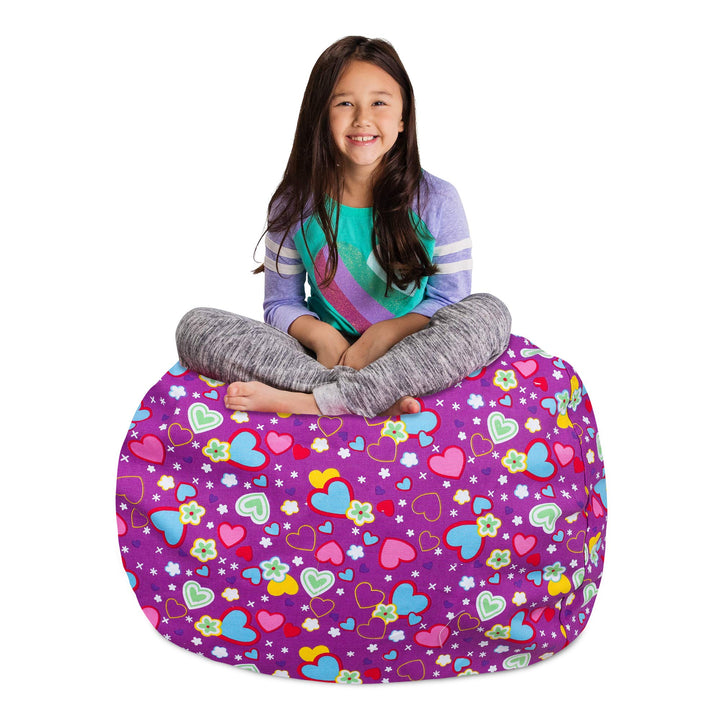 Posh Creations Stuffable Kids Stuffed Animal Storage Bean Bag Chair Cover - Childrens Toy Organizer, Large-38 - Canvas Multi-Colored Hearts on Purple