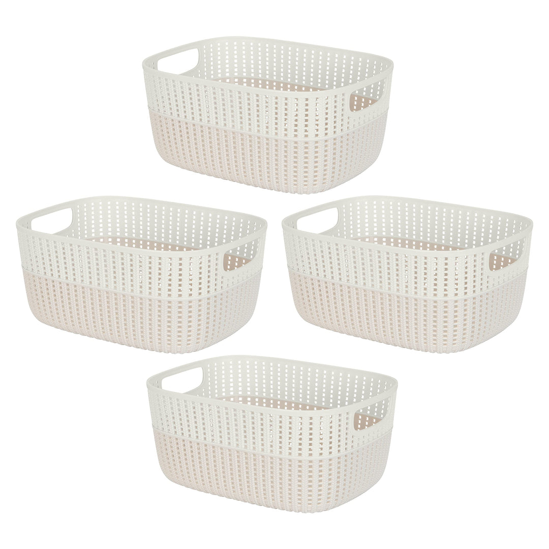 Simplify 4 Pack 2 Tone Sailor Knot Plastic Storage Tote | Decorative Basket | Closet Organization | De-clutter | Accessories | Toys | Bathroom Organization | Large | Ivory