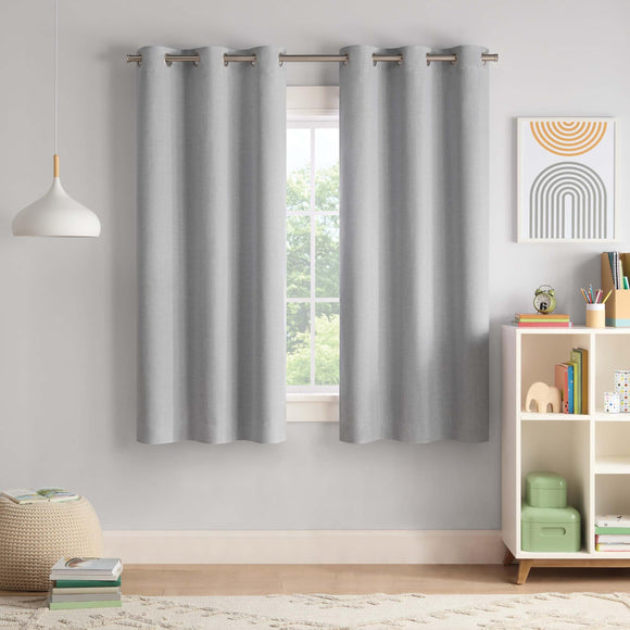 Eclipse Kids Blackout Curtains, Chambray Solid 100% Blackout Curtains with Metal Grommets, 63 in x 40 in, Thermaback Curtains for Kids Room or Playroom, 1 Window Curtain, Grey