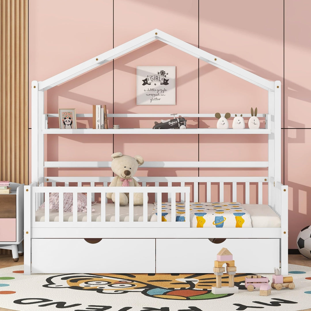 Twin Size House Bed with 2 Drawers Kids Storage Shelf Pink Modern