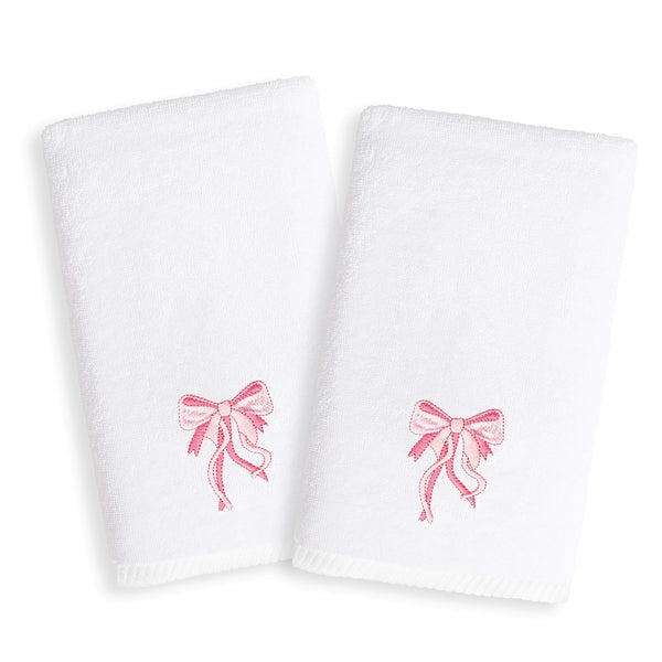 Sweet Kids Pink Bow Embroidered White Turkish Cotton Hand Towels (Set of 2) Novelty