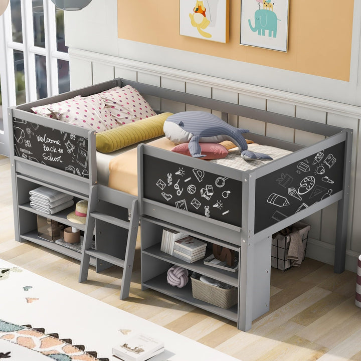 Twin Size Kids Low Loft Bed with 2 Movable Storage Shelves Wood Frame Chalkboard and Ladder for Boys Girls Grey Farmhouse Unisex Nature Space Pine Finish Includes Hardware