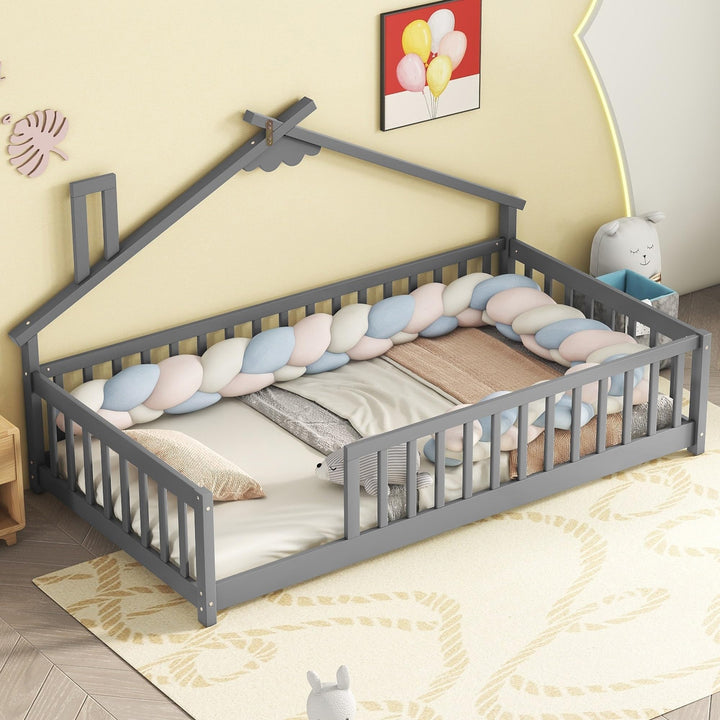 Twin Size Bed Kids House Frame Floor Platform with Fence Guardrails