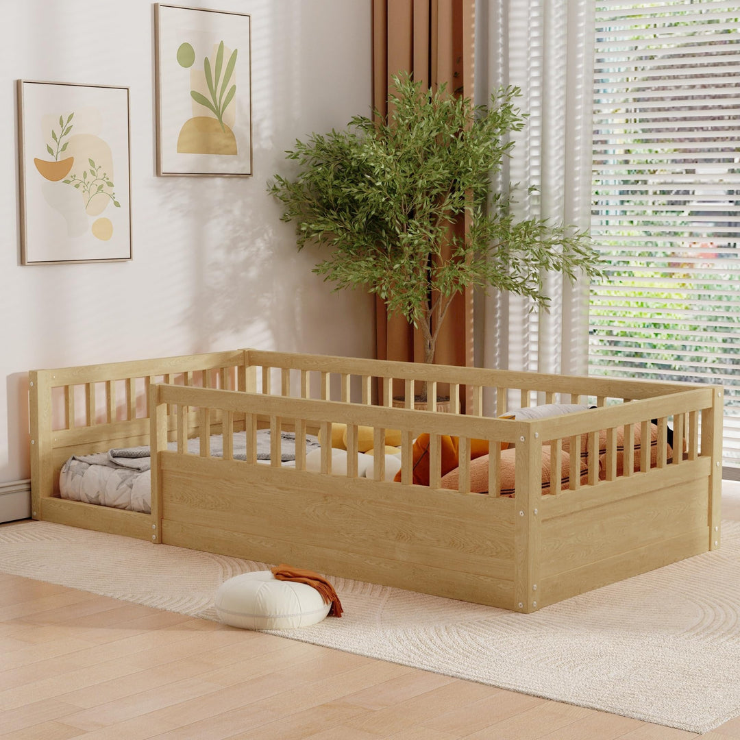 Twin Size Wood Kids Floor Beds Frame with Fence and High Guardrails