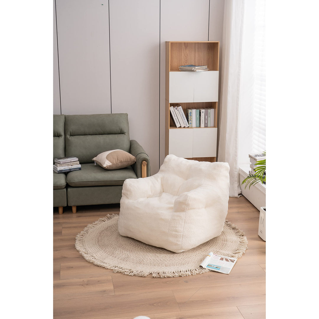 Soft Tufted Foam Bean Bag Chair with Teddy Fabric White Modern