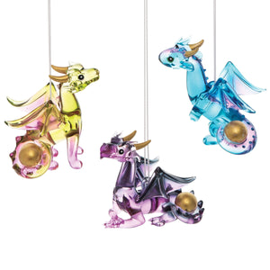 Baby Dragon Ornament Set of 3 3"-4" X 2" 3" Gold Animals Glass