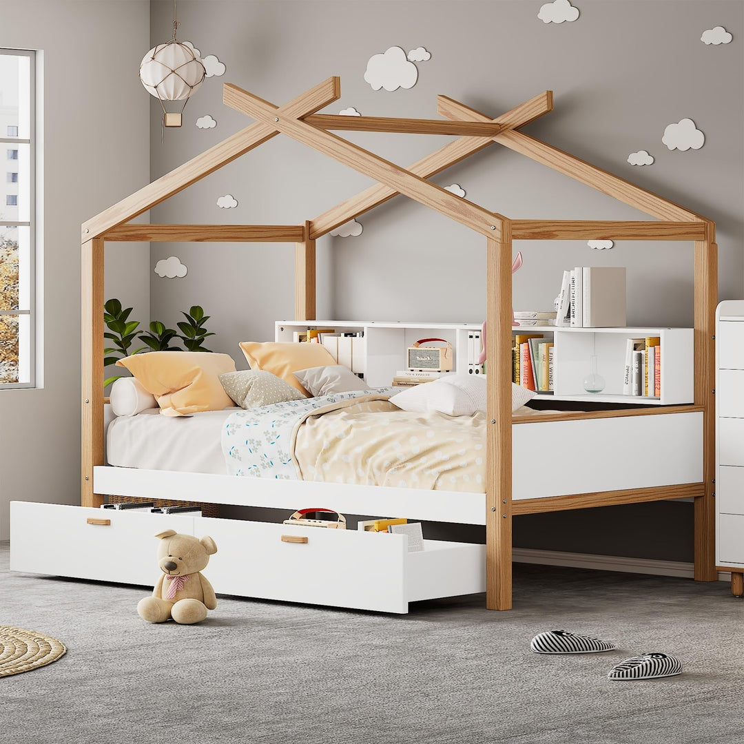 White Full Size Wooden House Bed Original Wood Colored Frame with Two Drawers and Bookshelf Storage Space for Children Modern Contemporary Unisex Construction Finish Includes Hardware