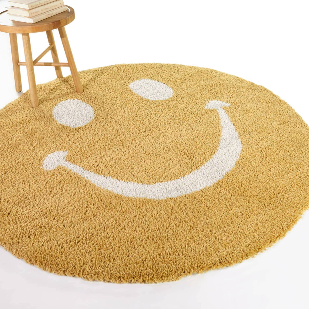 Smiley Face Kids Shag Area Rug 5'3" Round Cream White Yellow Novelty Tween Polypropylene Latex Free Pet Friendly Stain Resistant