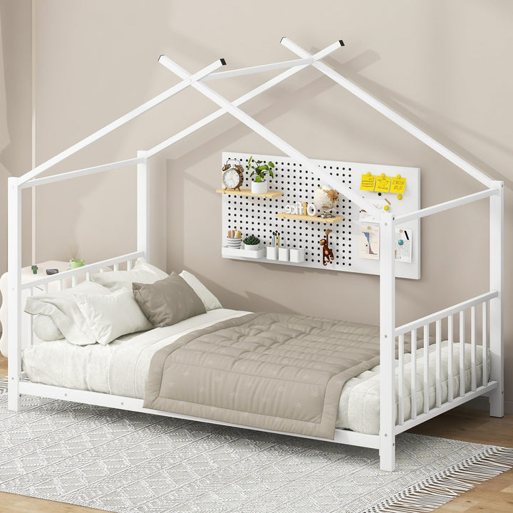 Twin Size Bed Kids Metal House Platform White Modern Contemporary