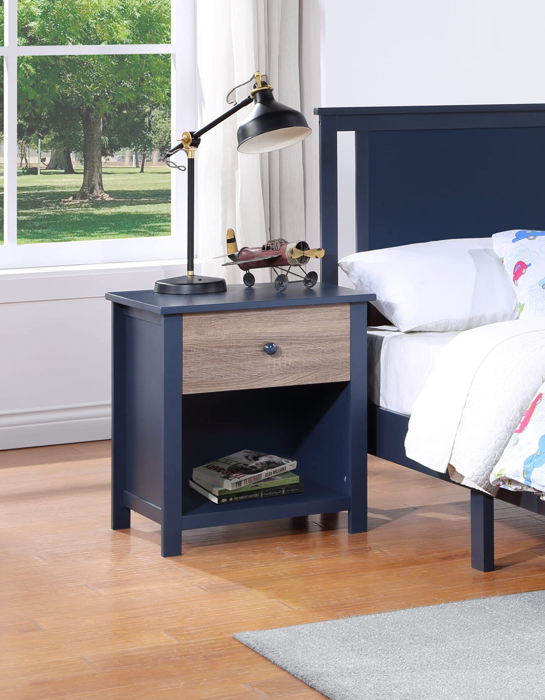 Olive & Opie Connelly Nightstand in Midnight Blue and Vintage Walnut