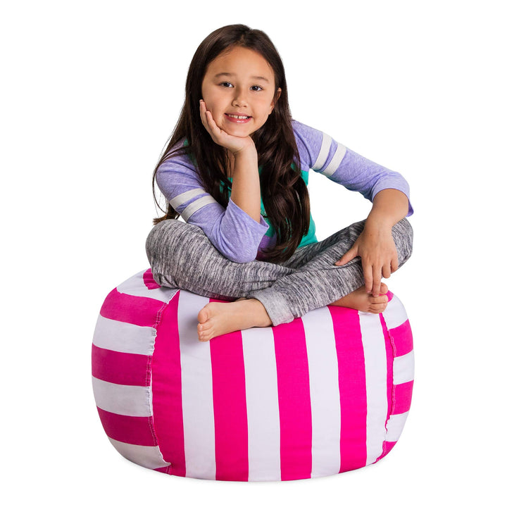 Posh Stuffable Kids Stuffed Animal Storage Bean Bag Chair Cover - Childrens Toy Organizer, Medium 27" - Canvas Stripes Pink and White