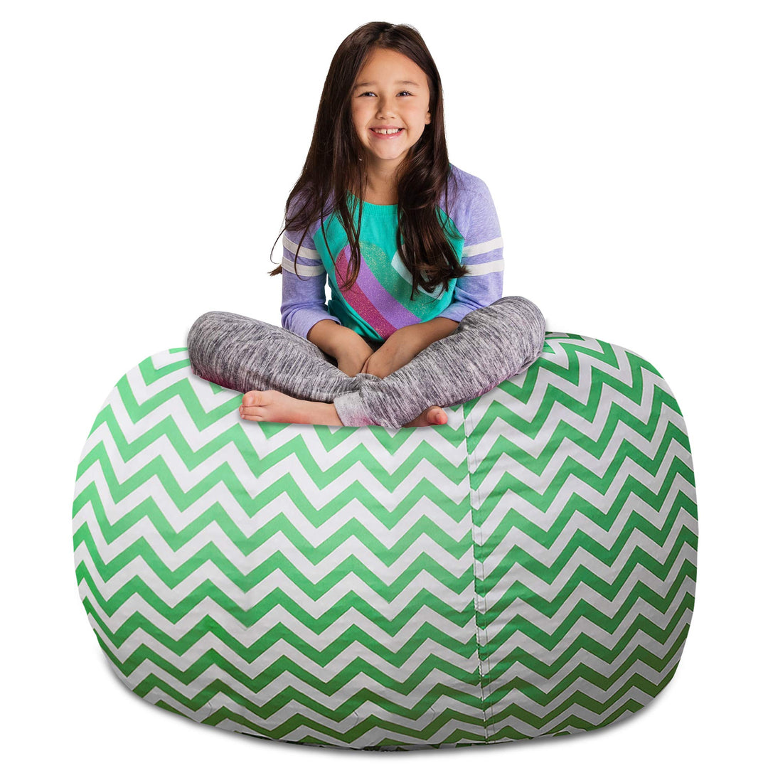 Posh Stuffable Kids Stuffed Animal Storage Bean Bag Chair Cover - Childrens Toy Organizer, X-Large 48" - Pattern Chevron Green and White