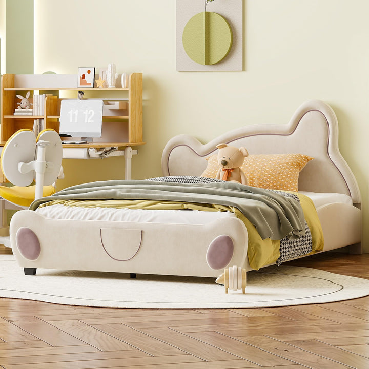 Full Velvet Platform Bed Frame with Bear-Shaped Headboard Bed-end