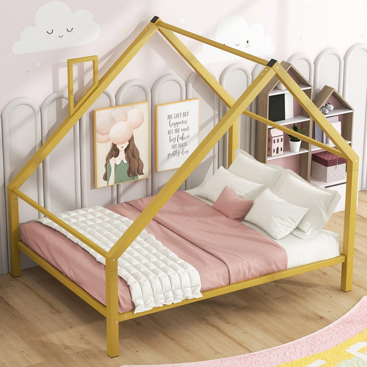 Full Metal House Platform Bed with Roof and Chimney Frame Under-Bed Storage for Kids Girls Boys Gold Modern Contemporary Unisex Nature Finish Includes Hardware