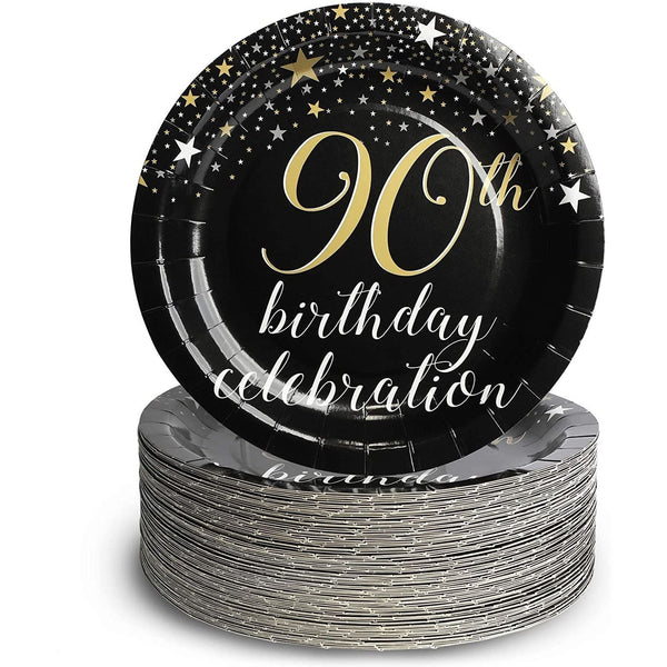 90th Birthday Party Decorations 9 Inch Paper Plates (80-pack) Black Holiday Formal Round Plastic