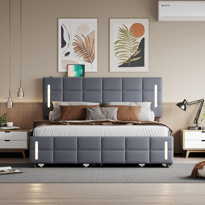 Queen Size Upholstered Platform Bed with Trundle 2 Drawers for Kids