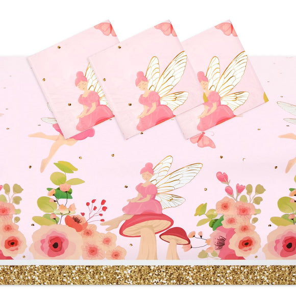 Fairy Tea Party Tablecloths for Girls Floral Birthday Supplies (54 X in 3 Pack) Pink Rectangle Vinyl