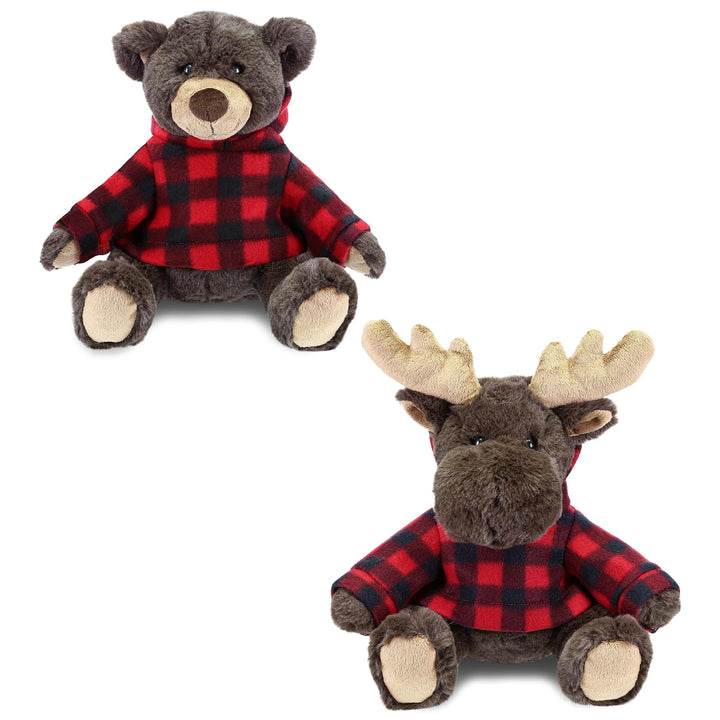 Plush Brown Bear and Moose with Red Plaid Hoodie Set of 2 10lx8wx9h Inches Polyester