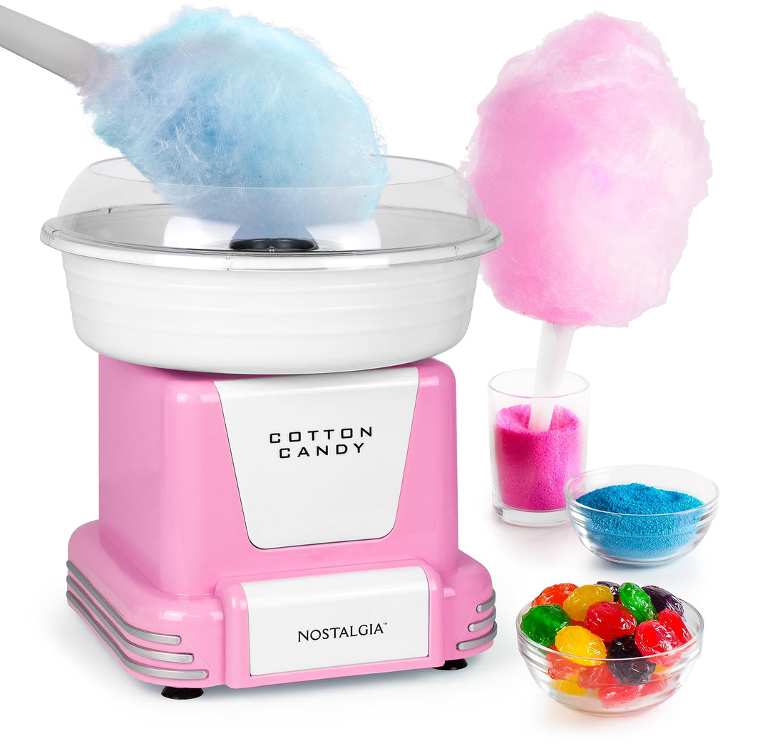 Nostalgia Cotton Candy Machine - Retro Cotton Candy Machine for Kids with 2 Reusable Cones, 1 Sugar Scoop, and 1 Extractor Head - Pink