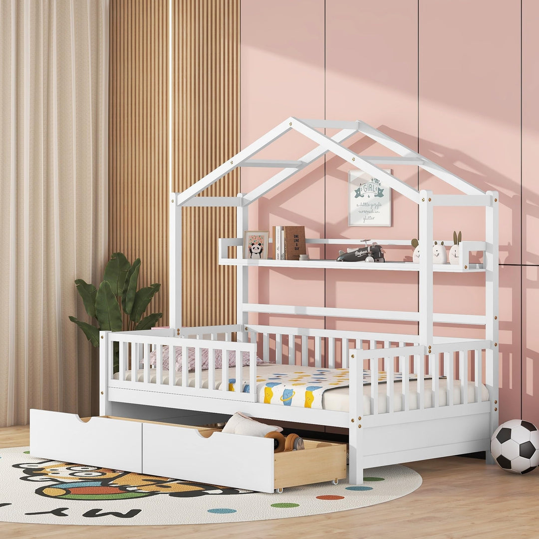 Twin Size Wooden House Bed with 2 Drawers Kids Storage Shelf Playhouse