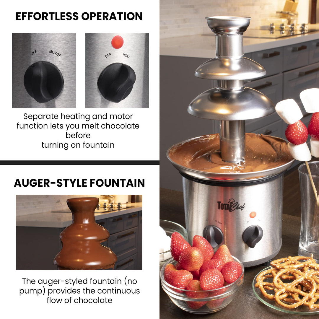 Total Chef 3 Tier Electric Chocolate Fondue Fountain Machine | Huge 1.5 Lbs Capacity | Adjustable Temperature | for Party Buffet Gathering | Dip Strawberries Apple Wedges and More | Stainless Still