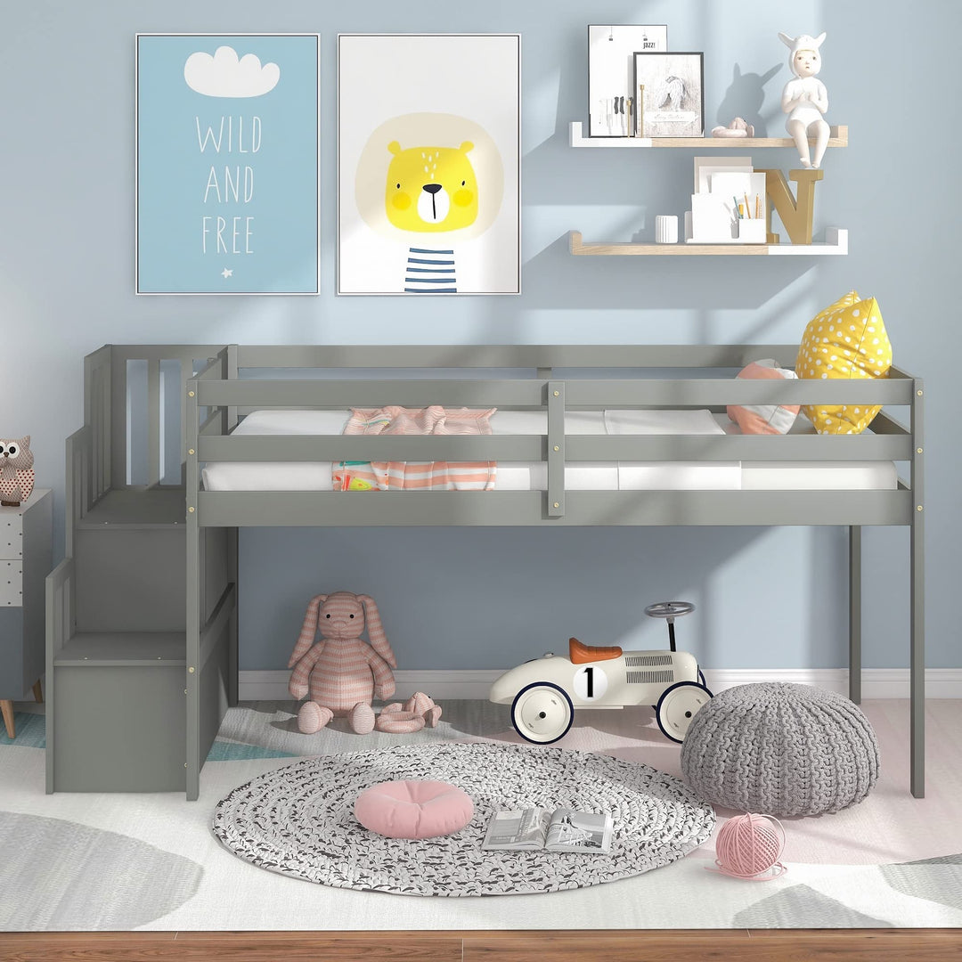 Twin Pine Wood Kids Loft Bed with Storage Staircase Guard Rails Grey Modern Contemporary Unisex Nature Natural Finish Hidden Includes Hardware