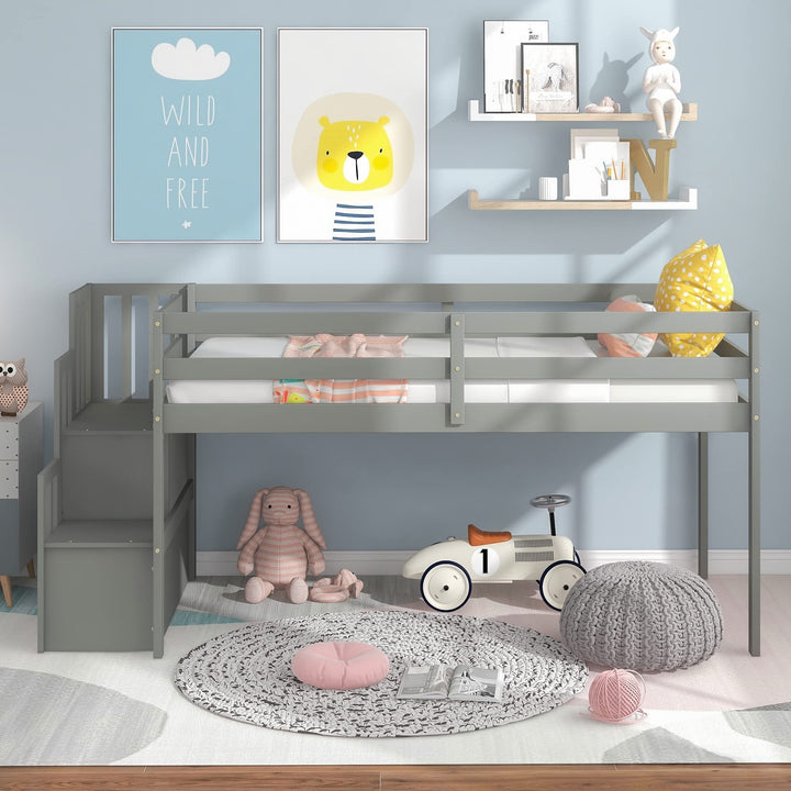 Twin Pine Wood Kids Loft Bed with Storage Staircase Guard Rails Grey Modern Contemporary Unisex Nature Natural Finish Hidden Includes Hardware