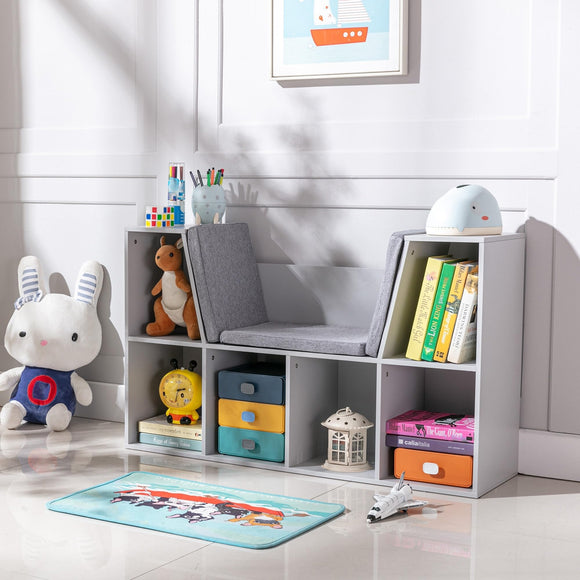 Modern Multi-Purpose Storage Organizer 6-Cubby Kids Bookcase with Reading Nook and Cushion Grey Contemporary MDF Includes Hardware