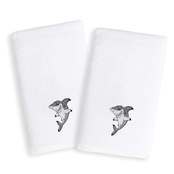 Kids Shark Embroidered White Turkish Cotton Hand Towels (Set of 2) Grey Novelty