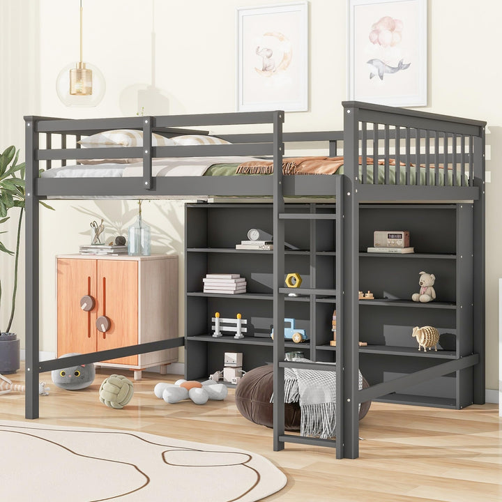 Gray Wooden Full High Loft Bed with 8 Open Storage Shelves Built-in Ladder Guardrails for Kids Teens Adults Bedroom Grey Casual Modern Contemporary Unisex Nature Space MDF Wood Finish