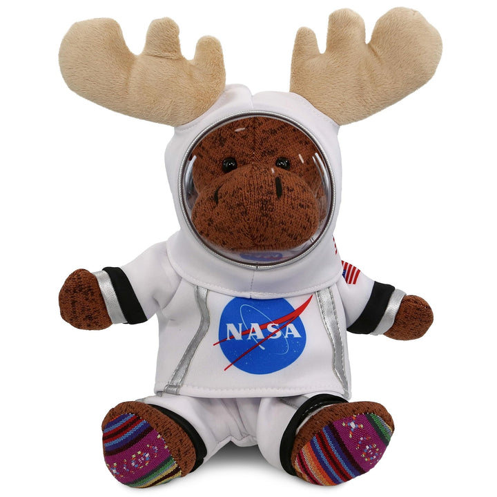 Sitting Brown Moose Astronaut with Helmet and Suit 11 Inches White Polyester