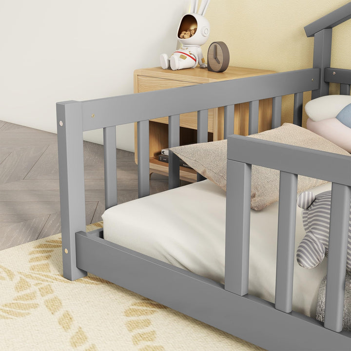 Twin Size Bed Kids House Frame Floor Platform with Fence Guardrails