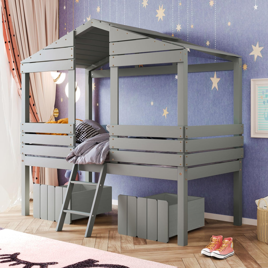 Twin Size Bed for Kids Low Loft with 2 Storage Drawers Roof and Windows Playhouse Boys Girls Grey Modern Contemporary Unisex Construction Wood Metal Finish Includes Hardware