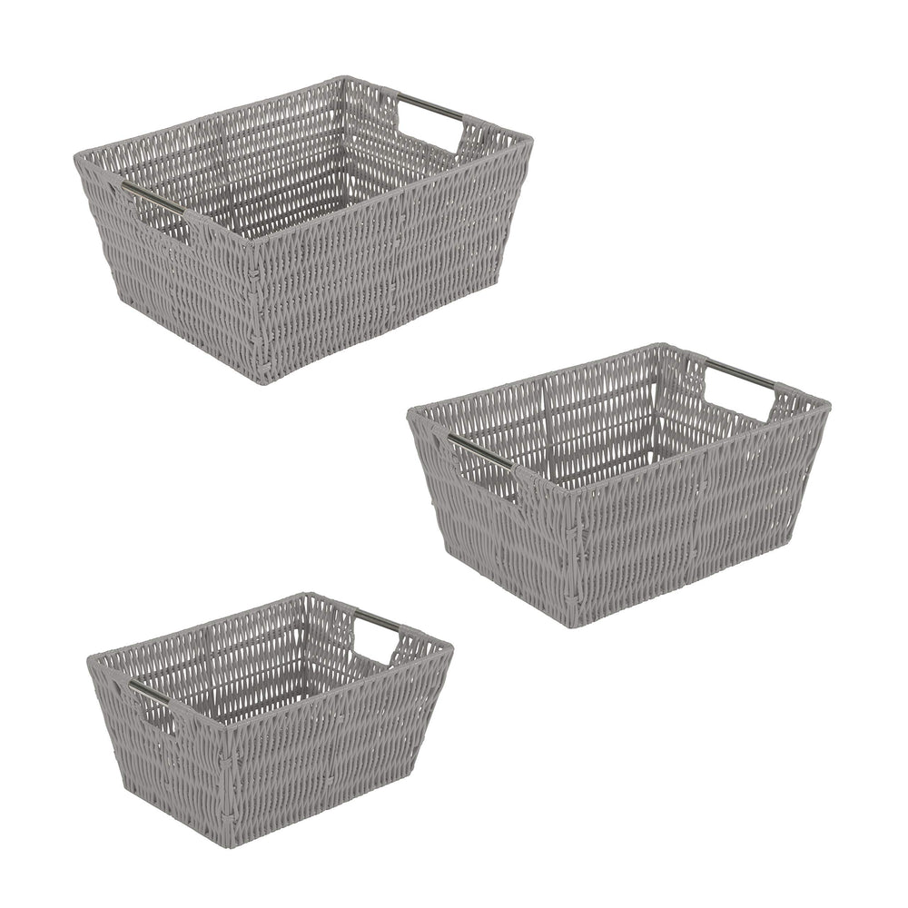 Simplify 3 Piece Set Woven Rattan Tote Baskets | Multi-Size | Handles | Storage & Organization | Toys | Bathroom Accessories | Home | Office | Dorm | Playroom | Closet | Grey