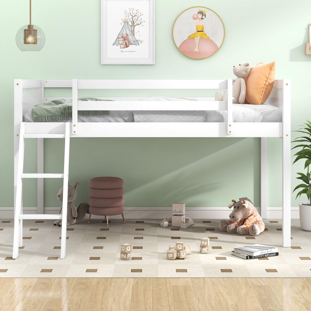 Wood Frame Guardrail Design Twin Size Low Loft Bed Ladder Kids White Grey Modern Contemporary