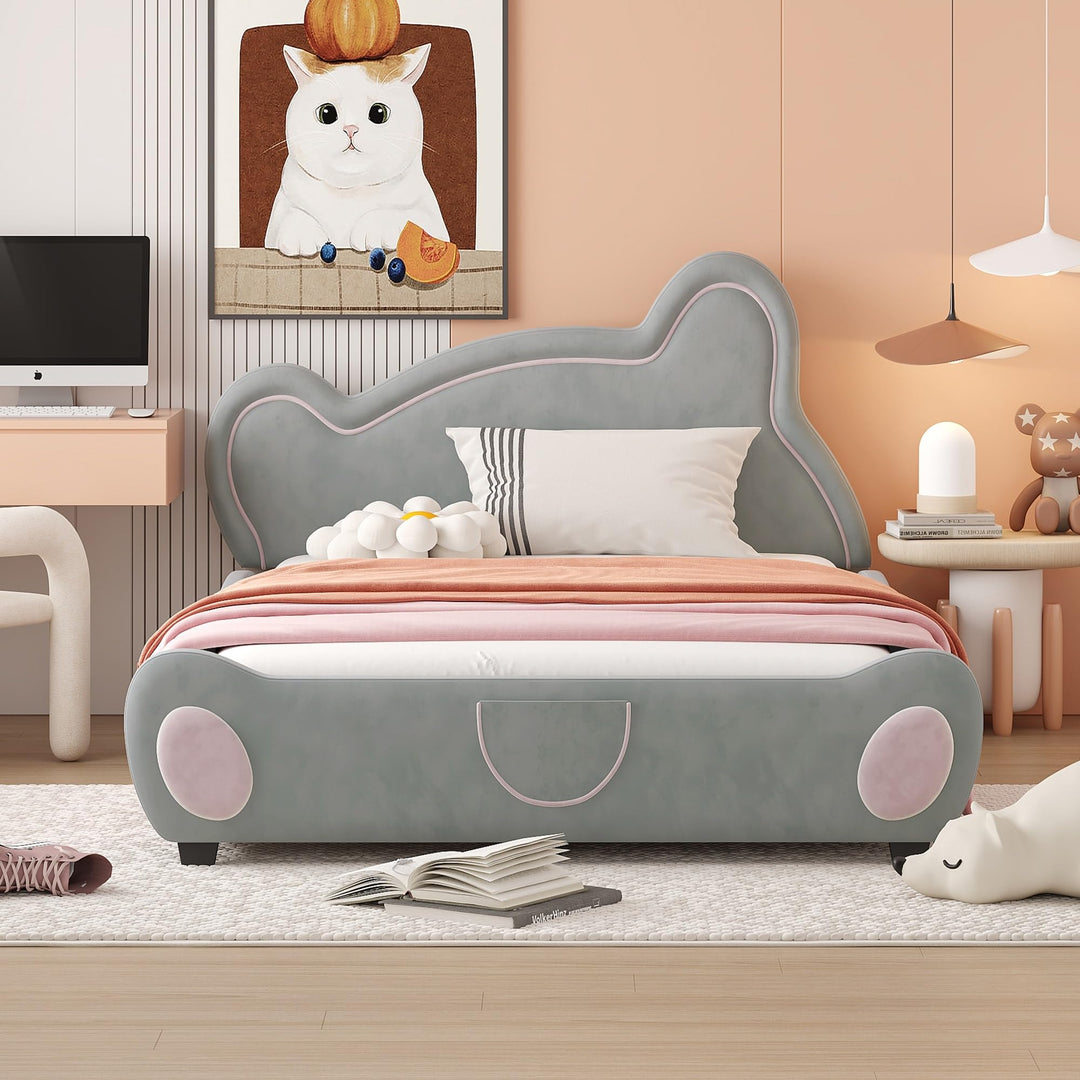 Full Velvet Platform Bed Frame with Bear-Shaped Headboard Bed-end