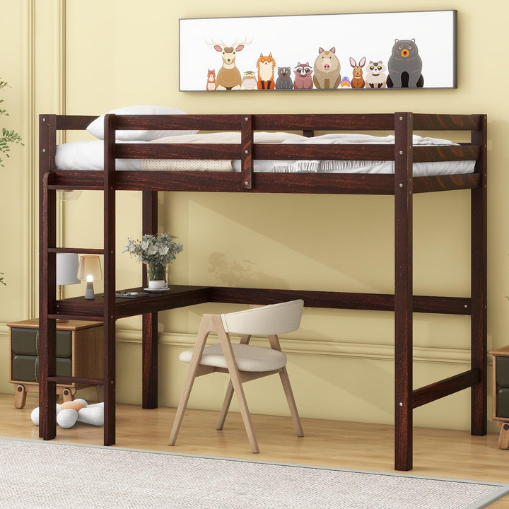 Twin Size Pine Wood Loft Bed Frame with Built-in Desk Kids Ladder Guard Rails for and Teens Brown Modern Contemporary Unisex Nature Natural Finish